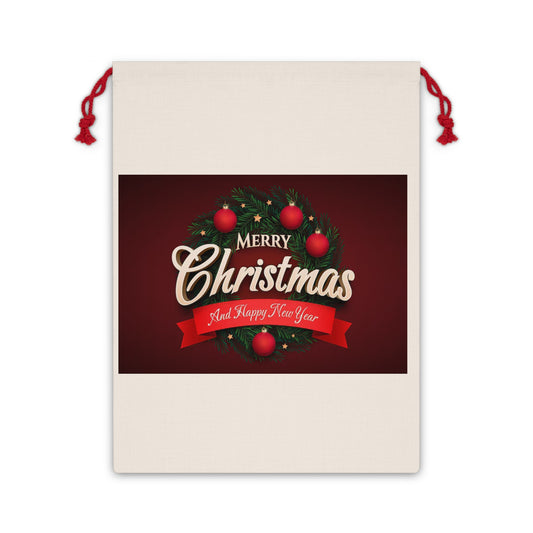 Christmas Gift Bag — 'Merry Christmas and Happy New Year' Drawstring Favor Bag