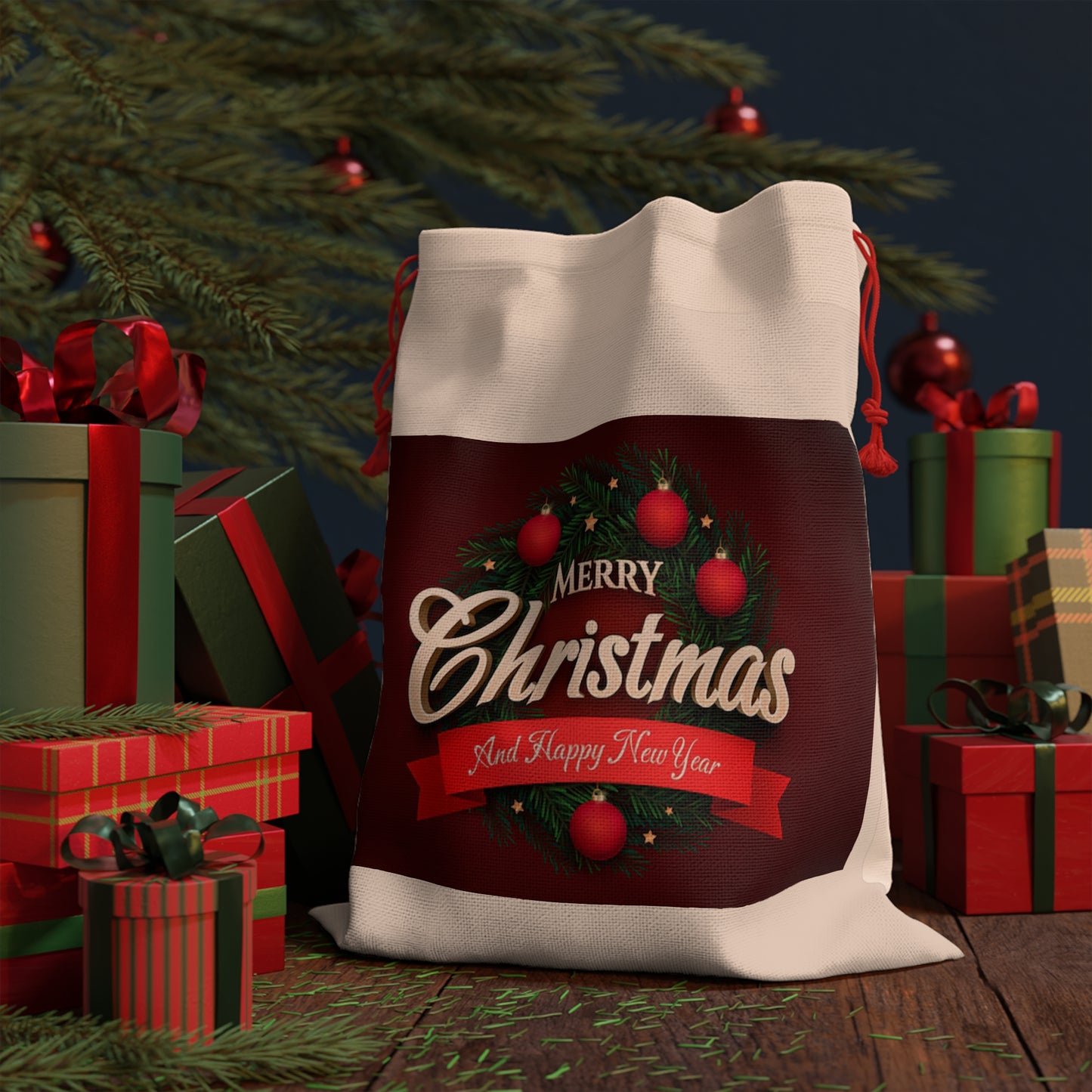 Christmas Gift Bag — 'Merry Christmas and Happy New Year' Drawstring Favor Bag