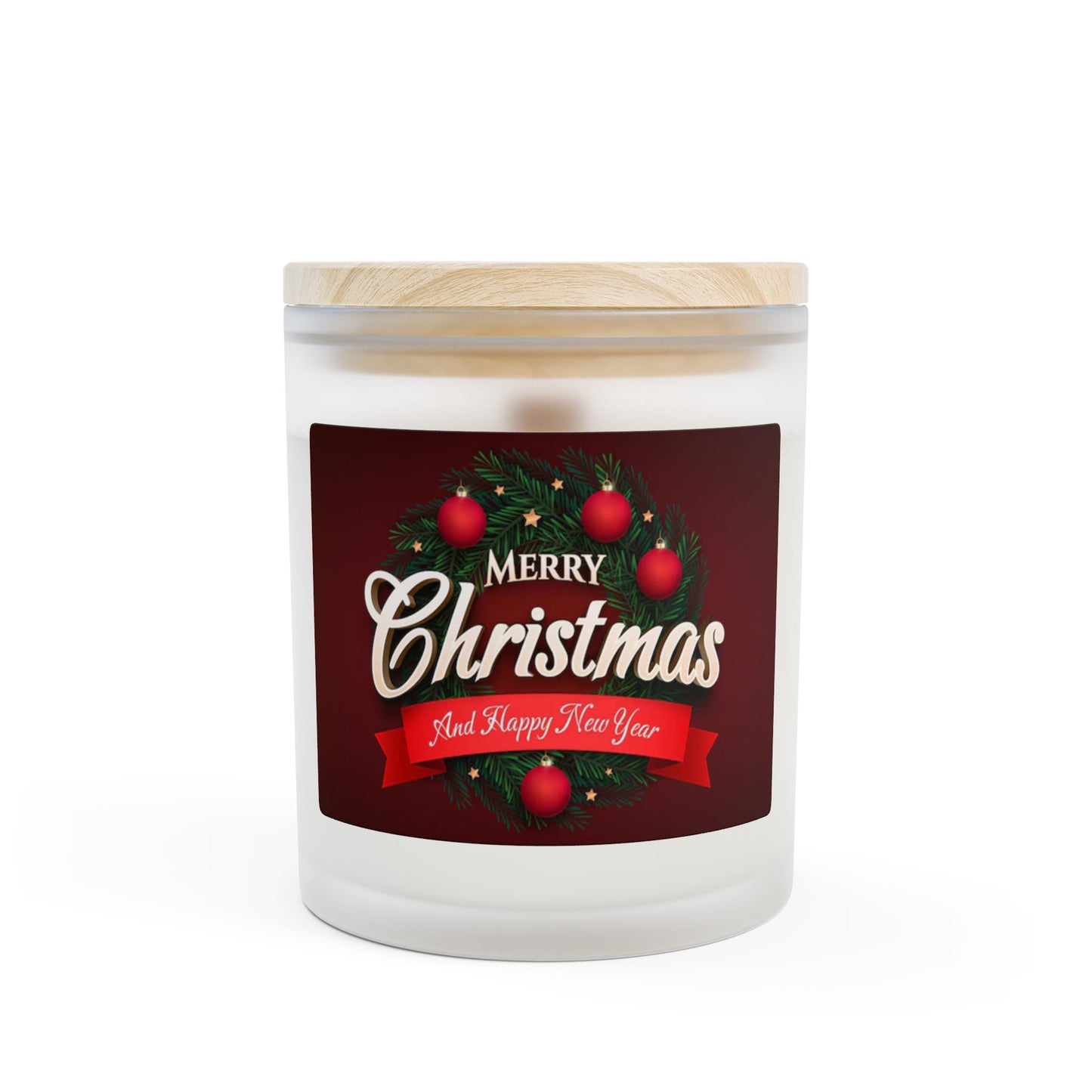 Merry Christmas Frosted Glass Candle — 11oz Holiday Scented Candle with Wreath Design