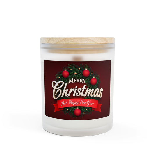 Merry Christmas Frosted Glass Candle — 11oz Holiday Scented Candle with Wreath Design